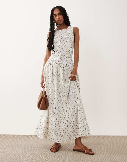 Brave Soul - Robe dos nu longue à fleurs avec taille basse et corsage froncé - Blanc, 2 de 4