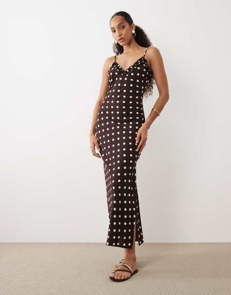 Brave Soul - Robe longue à pois avec bretelles et bords à volants - Marron chocolat - view 1