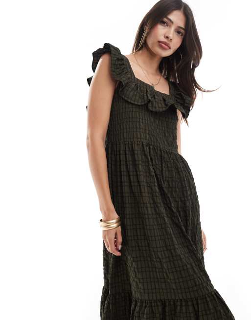 Brave Soul - Robe longue en crépon nouée dans le dos à carreaux - Kaki