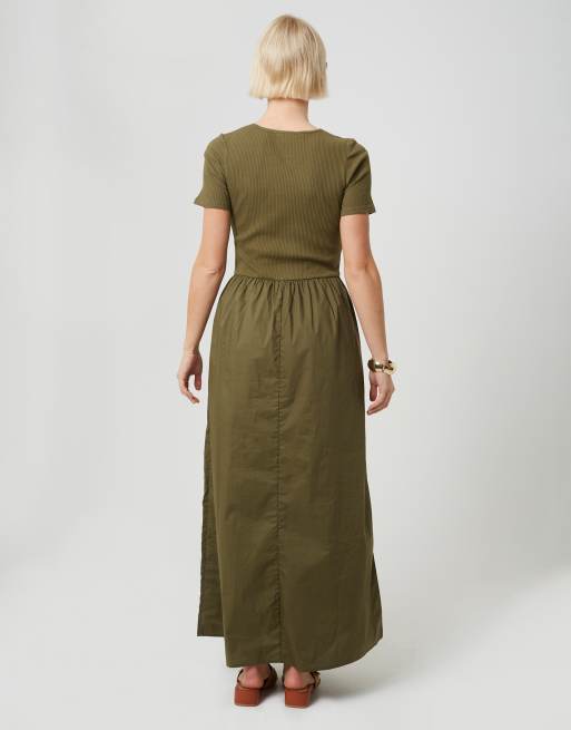 Brave Soul - Robe longue en jersey et popeline mélangés à col ras de cou - Kaki, 3 de 4