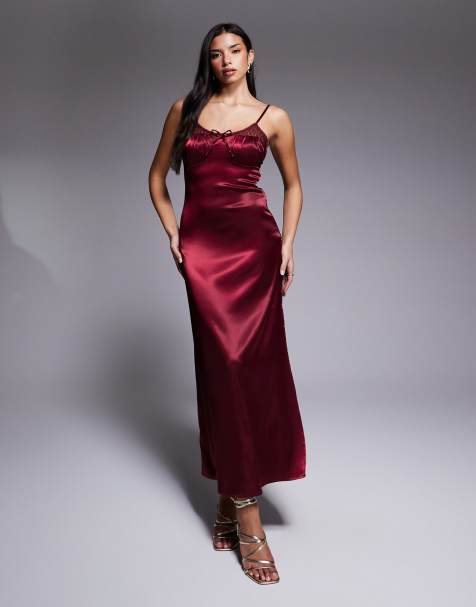 Brave Soul - Robe longue en satin avec bretelles fines et finitions dentelle - Bordeaux - view 1