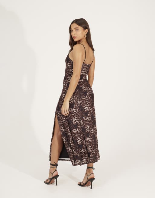 Brave Soul - Robe longue fendue à bretelles et imprimé léopard - Marron, 4 de 4