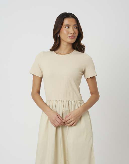 Brave Soul - Robe longue ras de cou en jersey et popeline mélangés - Beige, 2 de 4