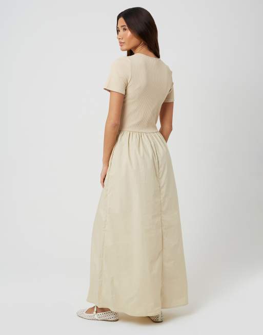 Brave Soul - Robe longue ras de cou en jersey et popeline mélangés - Beige, 3 de 4