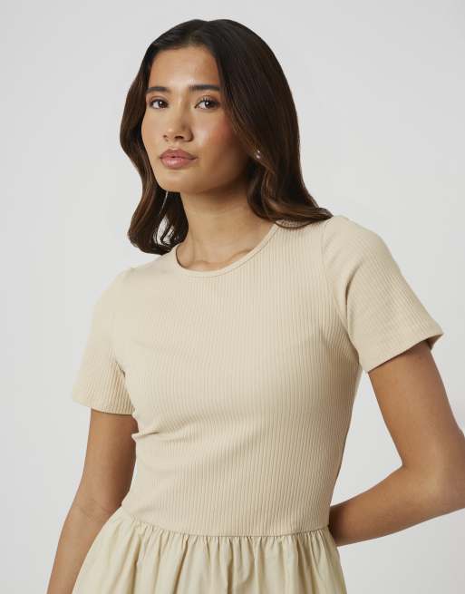 Brave Soul - Robe longue ras de cou en jersey et popeline mélangés - Beige, 4 de 4