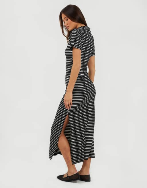 Brave Soul - Robe longue rayée avec col et fente - Noir, 2 de 3