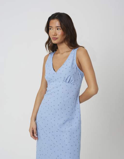 Brave Soul - Robe mi-longue à imprimé fleuri avec col V et bretelles - Bleu, 2 de 4