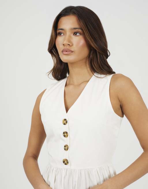 Brave Soul - Robe mi-longue boutonnée sans manches à col V - Crème, 3 de 4