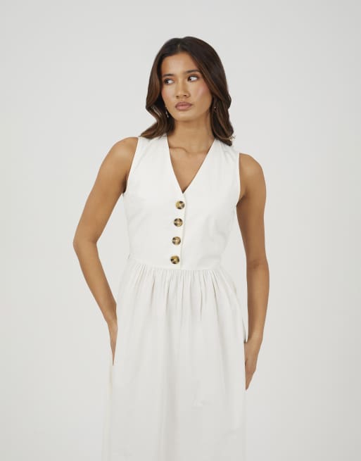 Brave Soul - Robe mi-longue boutonnée sans manches à col V - Crème, 4 de 4