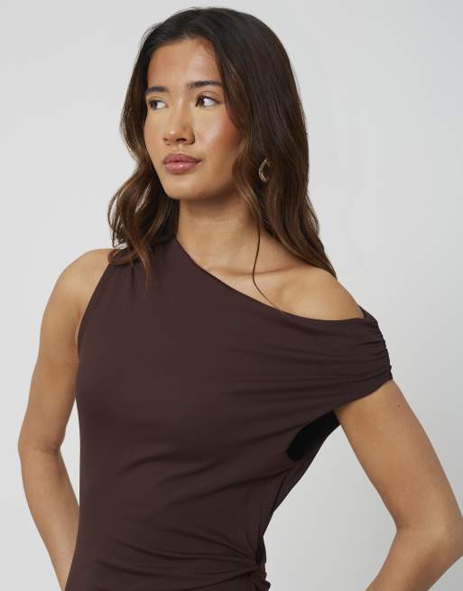 Brave Soul - Robe mi-longue en jersey à épaules dénudées - Chocolat, 3 de 3