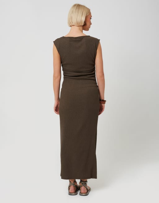 Brave Soul - Robe mi-longue en jersey texturé à détails froncés - Marron, 2 de 3
