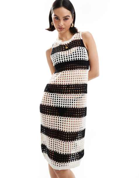 Brave Soul - Robe mi-longue en maille au crochet à rayures - Noir et taupe - view 1