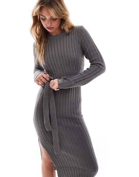 Brave Soul - Robe mi-longue fendue en maille avec ceinture - Gris anthracite - view 1