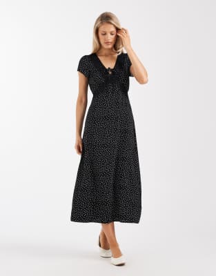 Robe mi-longue nouée sur le devant avec détails en dentelle - Noir à pois S