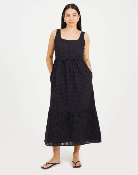 Brave Soul - Robe mi-longue sans manches en broderie anglaise avec poches - Noir - view 1