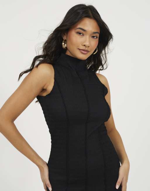 Brave Soul - Robe mi-longue sans manches en jersey texturé à col montant - Noir, 2 de 3