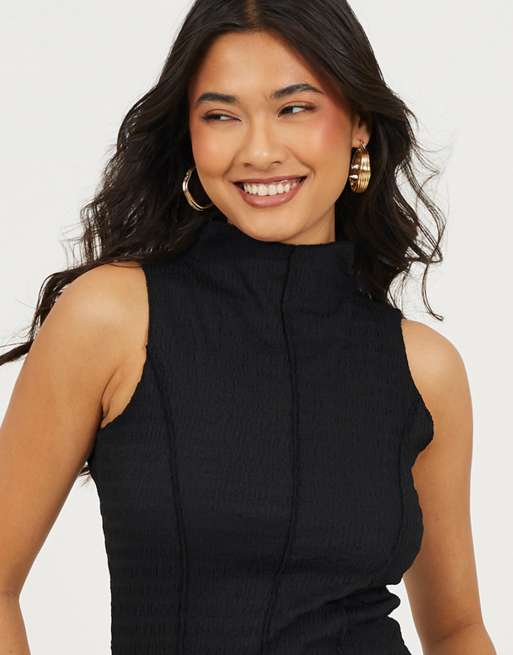 Brave Soul - Robe mi-longue sans manches en jersey texturé à col montant - Noir, 3 de 3
