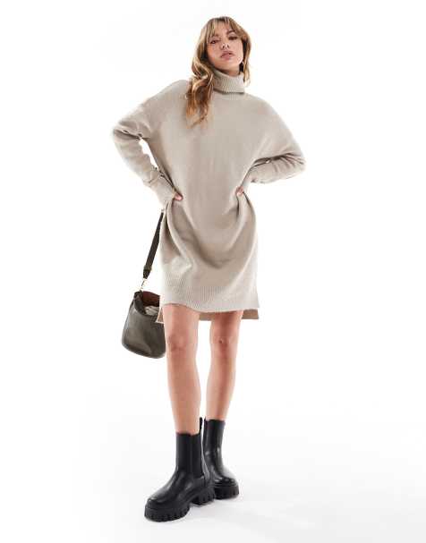 Brave Soul - Robe pull courte à col roulé en maille - Beige - view 1