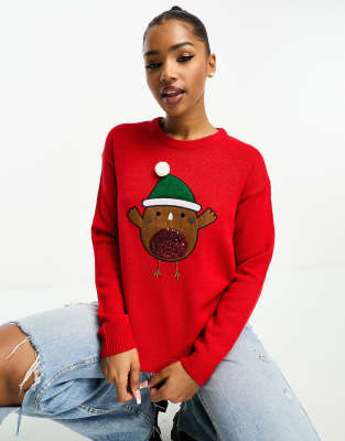 Brave Soul robin christmas jumper in red