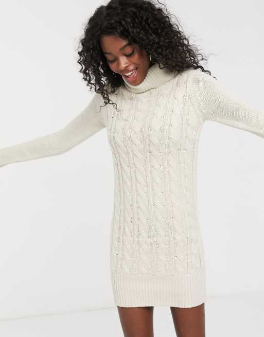 Brave Soul Roll Neck Cable Knit Jumper Dress In Oatmeal Asos