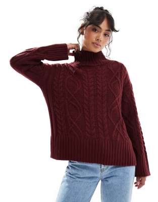 Brave Soul roll neck cable knit jumper in burgundy