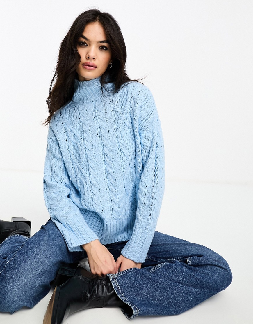 Brave Soul roll neck cable knit jumper in pale blue