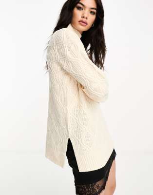 Brave Soul Brave Soul roll neck diamond knit jumper in cream-White