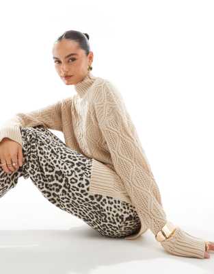 Brave Soul Brave Soul roll neck diamond knit jumper in stone-Neutral