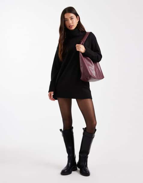 Brave Soul roll neck mini jumper dress in black