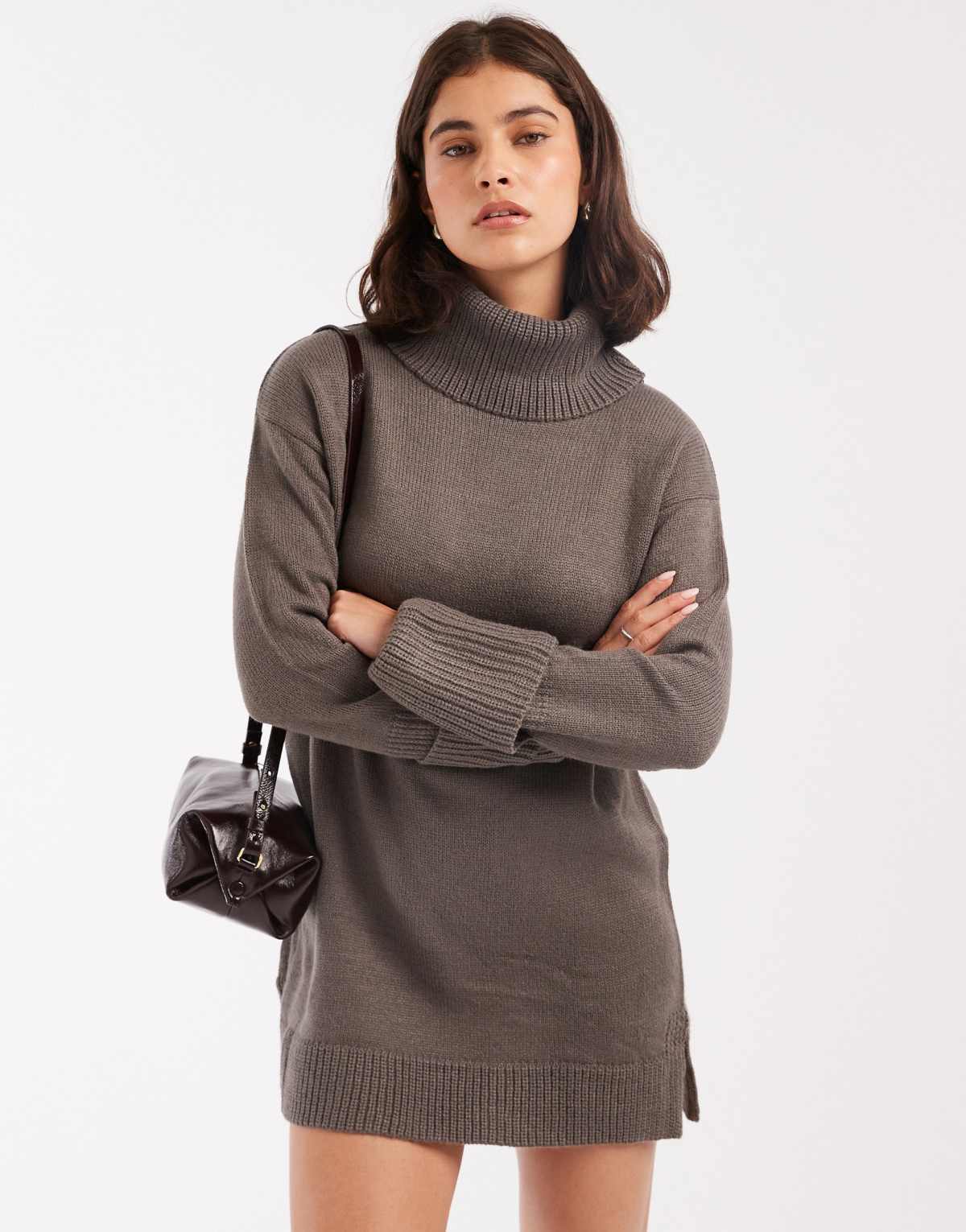Brave Soul roll neck mini jumper dress in charcoal grey