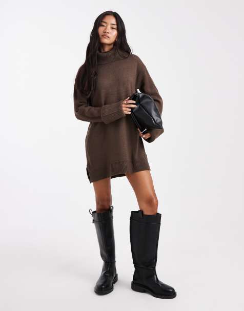 Brave Soul roll neck mini jumper dress in chocolate brown - view 1