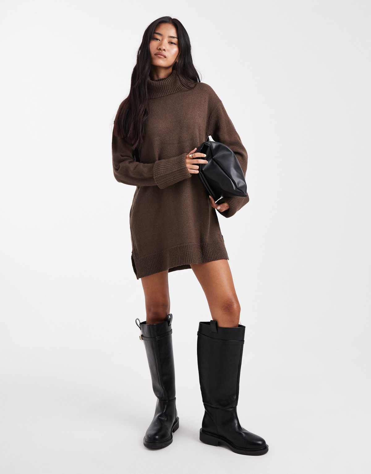 Brave Soul roll neck mini jumper dress in chocolate brown