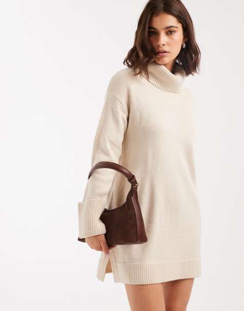 Brave Soul roll neck mini jumper dress in oat - view 1