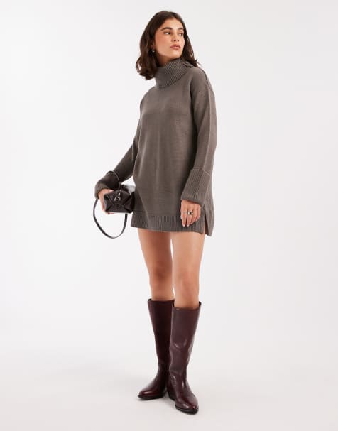 Brave Soul roll neck mini sweater dress in charcoal gray - view 1