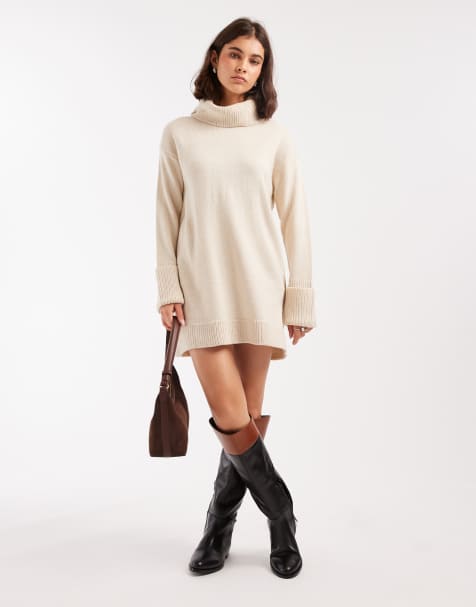 Brave Soul roll neck mini sweater dress in oat - view 1