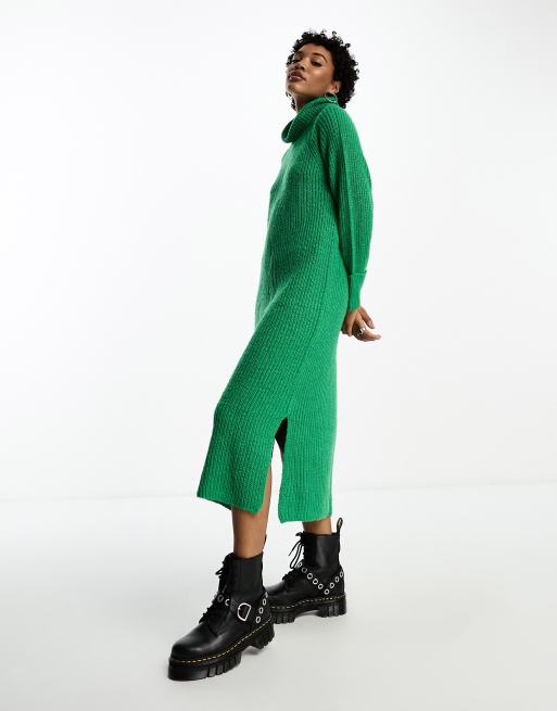 Brave Soul roll neck oversized knitted midi dress in green 