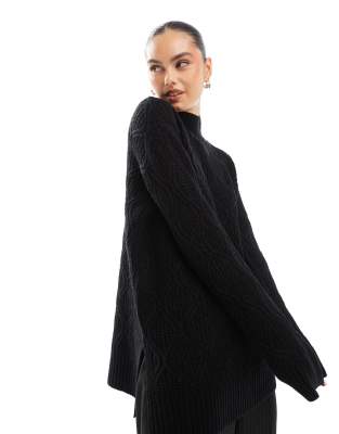 Brave Soul - Rollkragenpullover in Schwarz mit Rautenstrickmuster