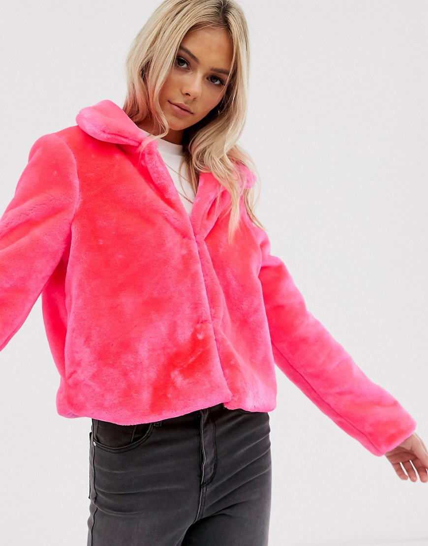 Brave Soul – Rome – cropped jakke i neon med imiteret pels-Pink