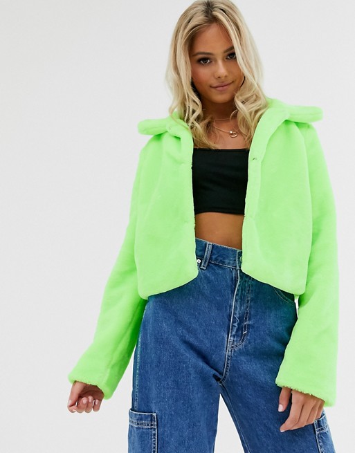 Brave Soul rome neon cropped faux fur jacket
