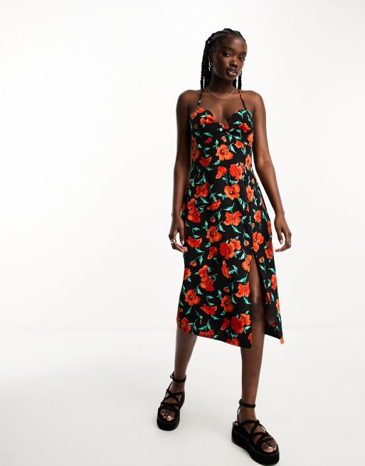 Black dress with red floral print hotsell