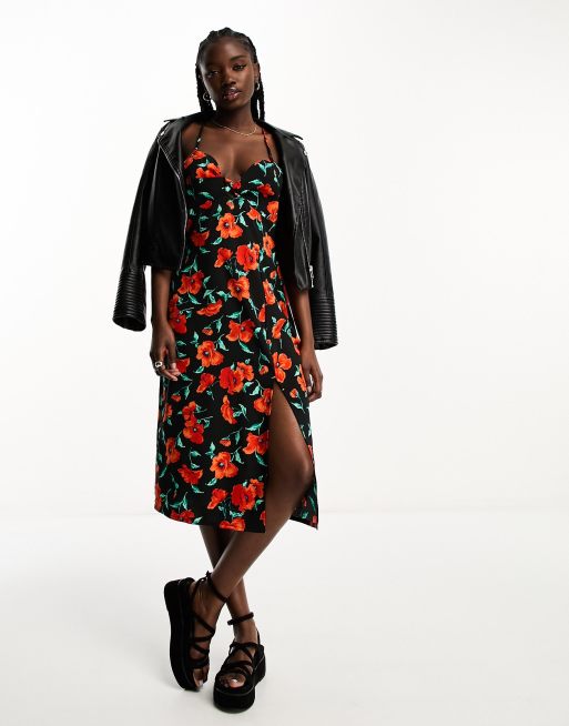 Brave Soul - Rosey - Robe longueur mollet à fines bretelles et imprimé fleurs - Rouge