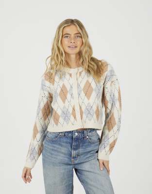 Brave Soul Round neck argyle knit cardigan in cream-White