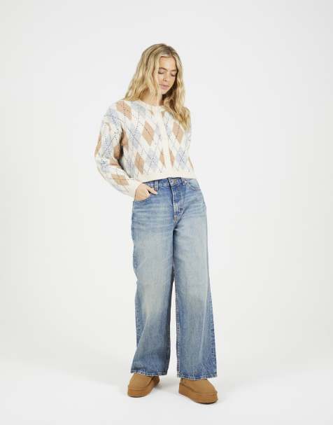 Brave Soul Round neck argyle knit cardigan in cream - view 1