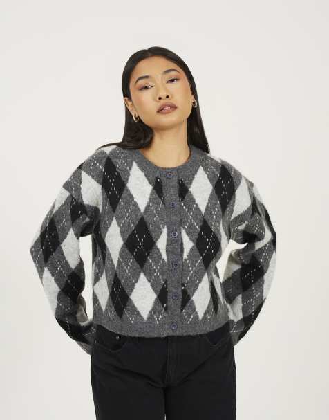 Brave Soul Round neck argyle knit cardigan in grey