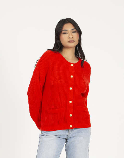 Brave Soul Round neck fisherman knit cardigan in red - view 1