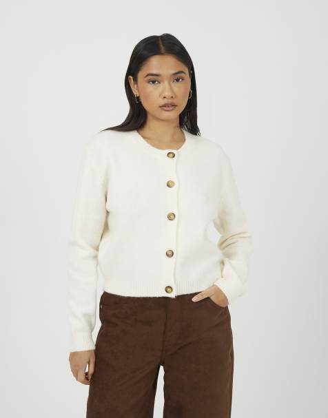 Brave Soul Round neck jersey knit cardigan in off white - view 1