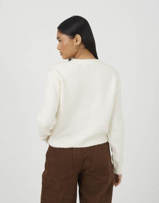 Brave Soul Round neck jersey knit cardigan in off white, 4 of 4