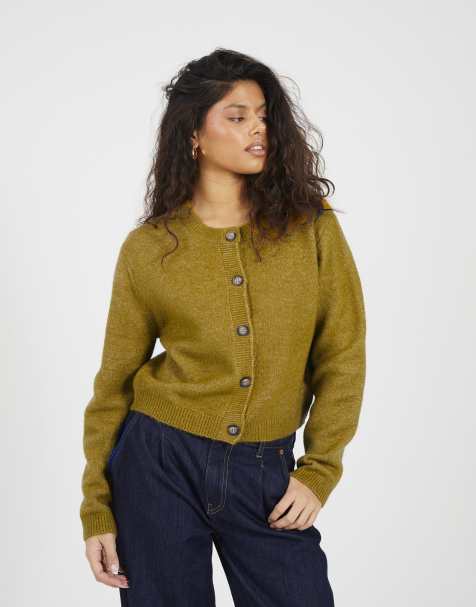 Brave Soul Round neck jersey knit cardigan in olive