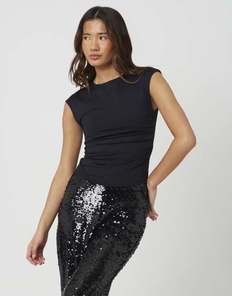 Brave Soul Round neck sleeveless top with ruching in black - view 1