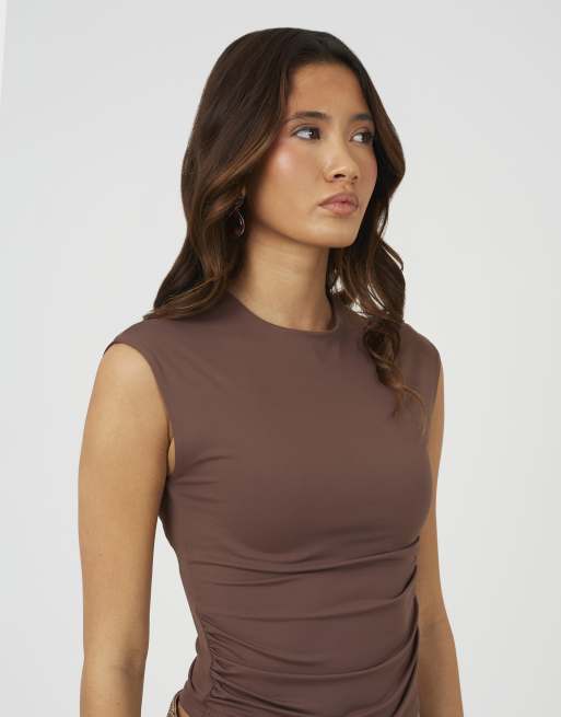 Brave Soul Round neck sleeveless top with ruching in chocolate, 4 of 4